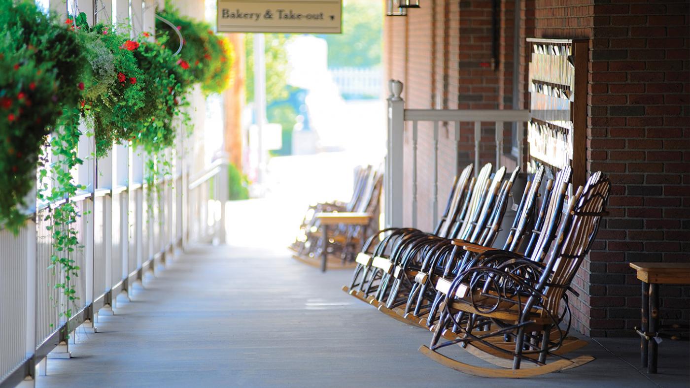 Rockers on the porch of Der Dutchman Restaurant