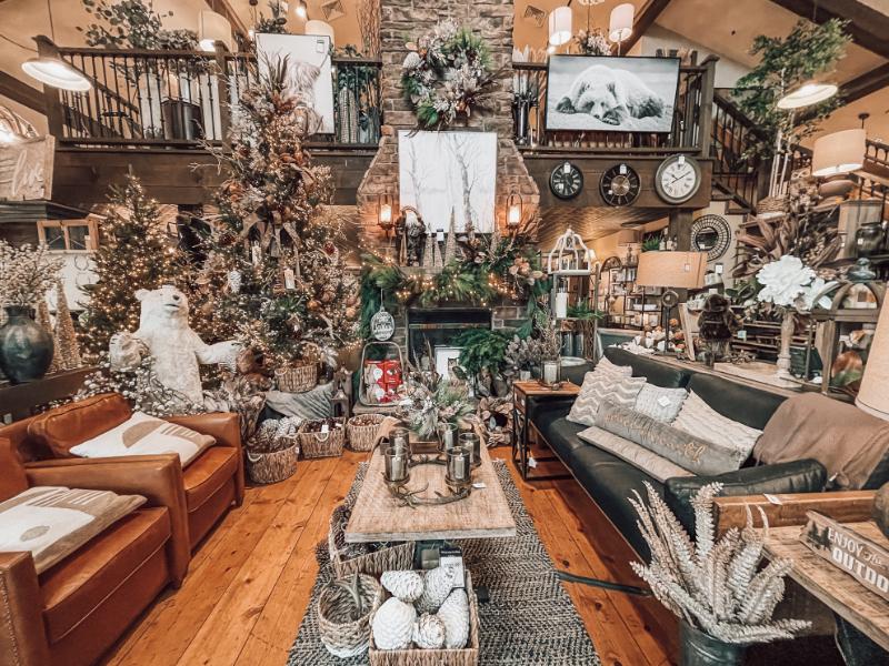 Interior of Village Gift Barn decorated for the holidays